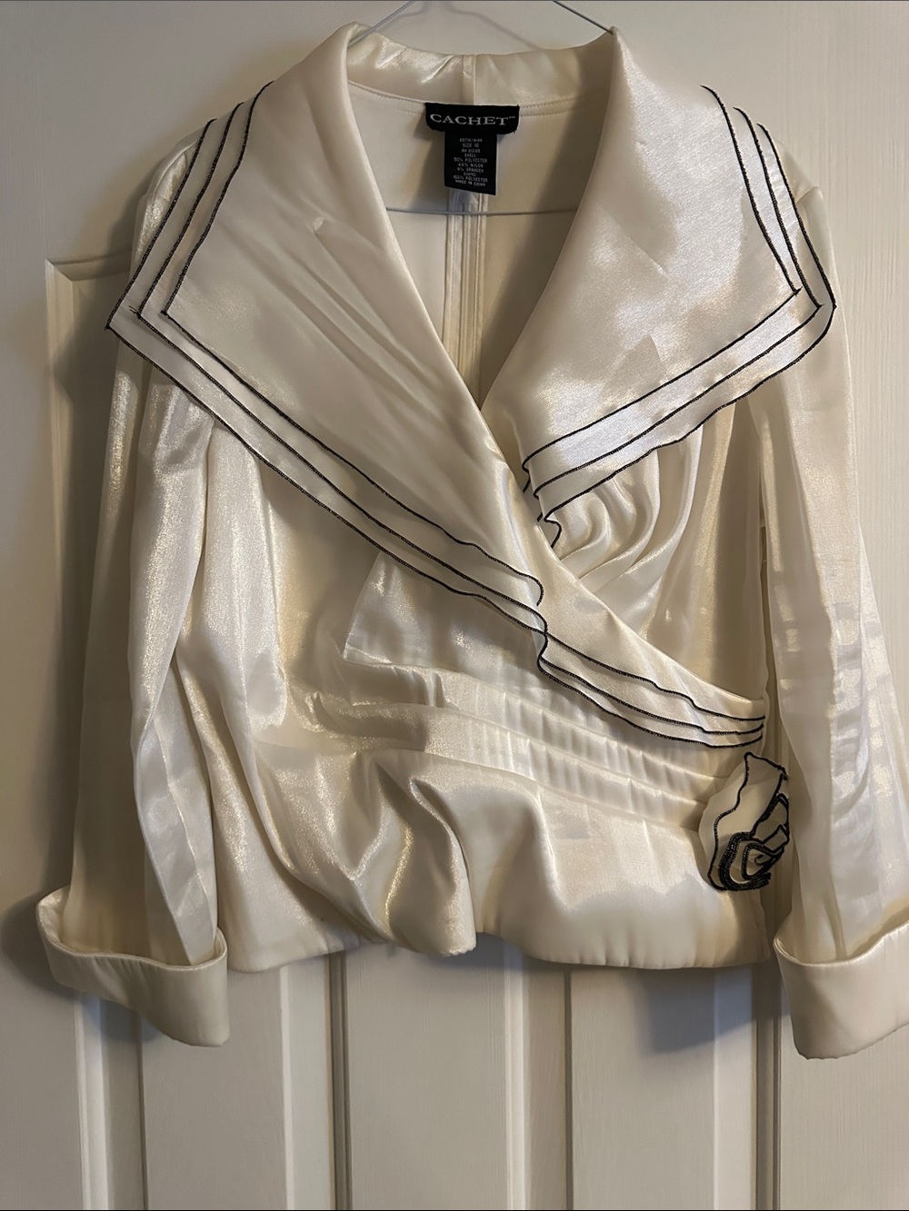 Cachet Ivory Satin Wrap Blouse with Black Trim